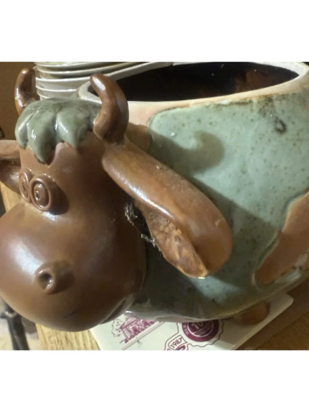 Adorable Cow Bull Green Glaze Pottery Planter